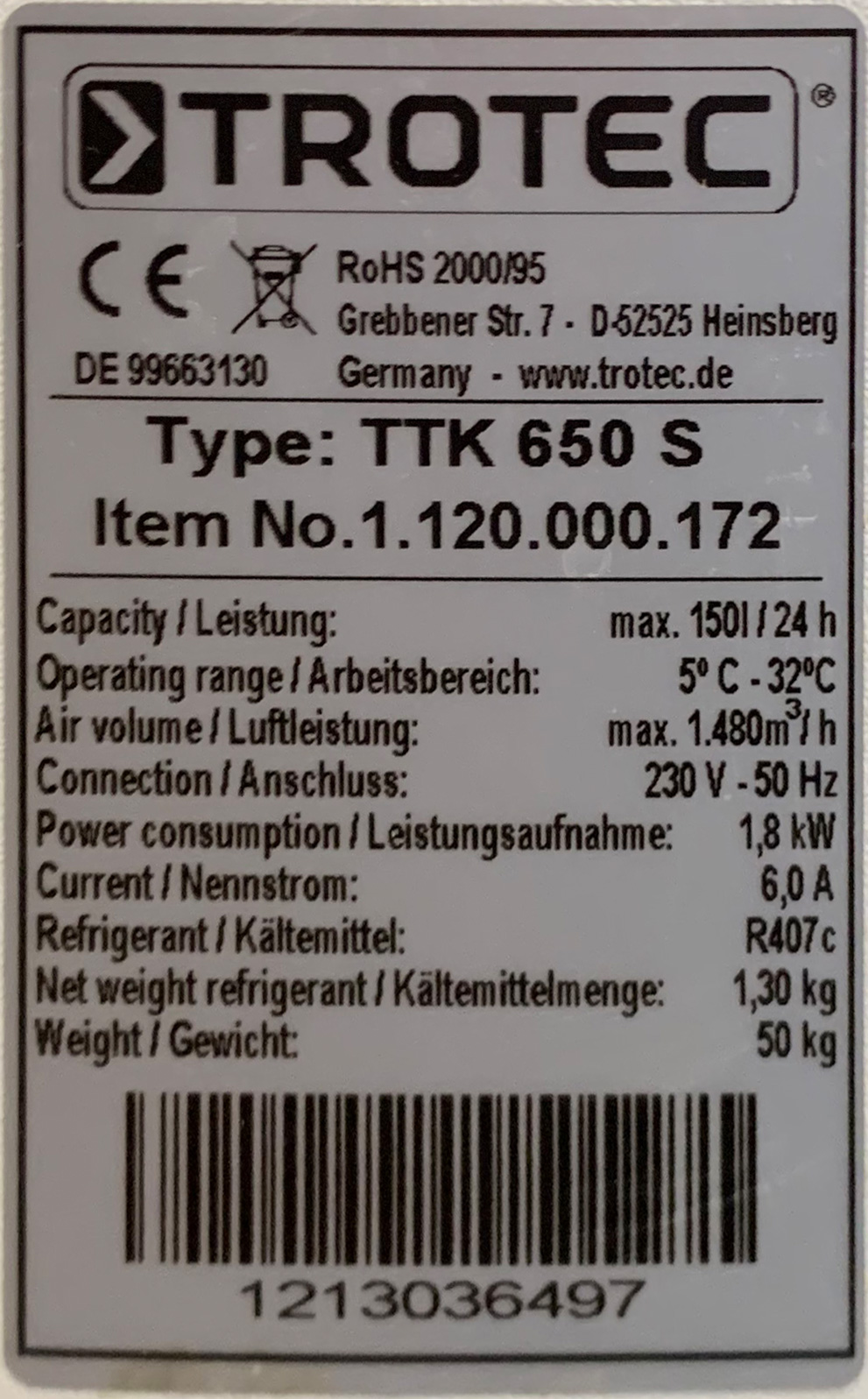 Typenschild des Luftentfeuchters TTK 650 S mit technischen Daten und Herstellerinformationen